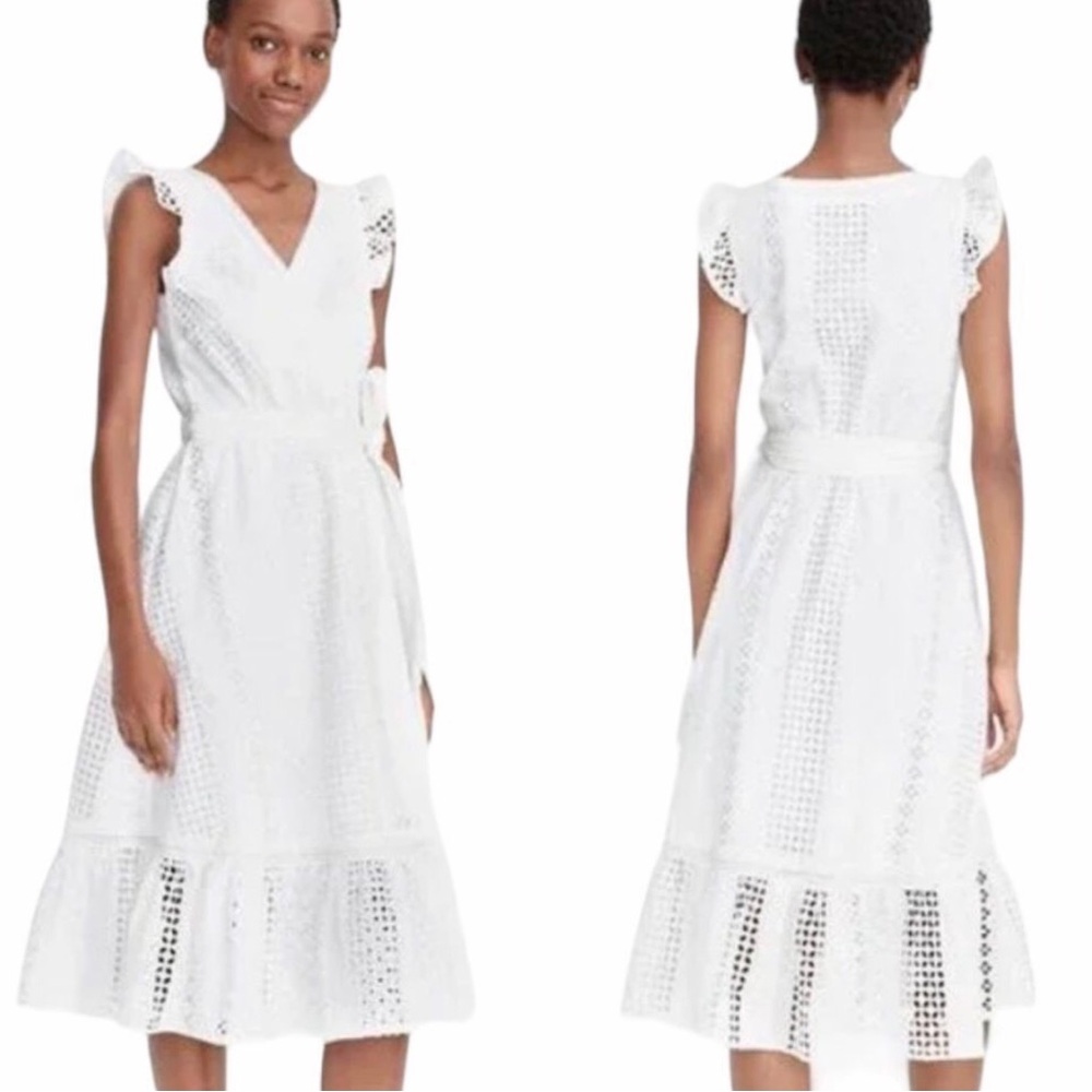 J. Crew Eyelet Flutter Sleeve Wrap MIDI Dress Womens Size 00 Ethereal Coquette